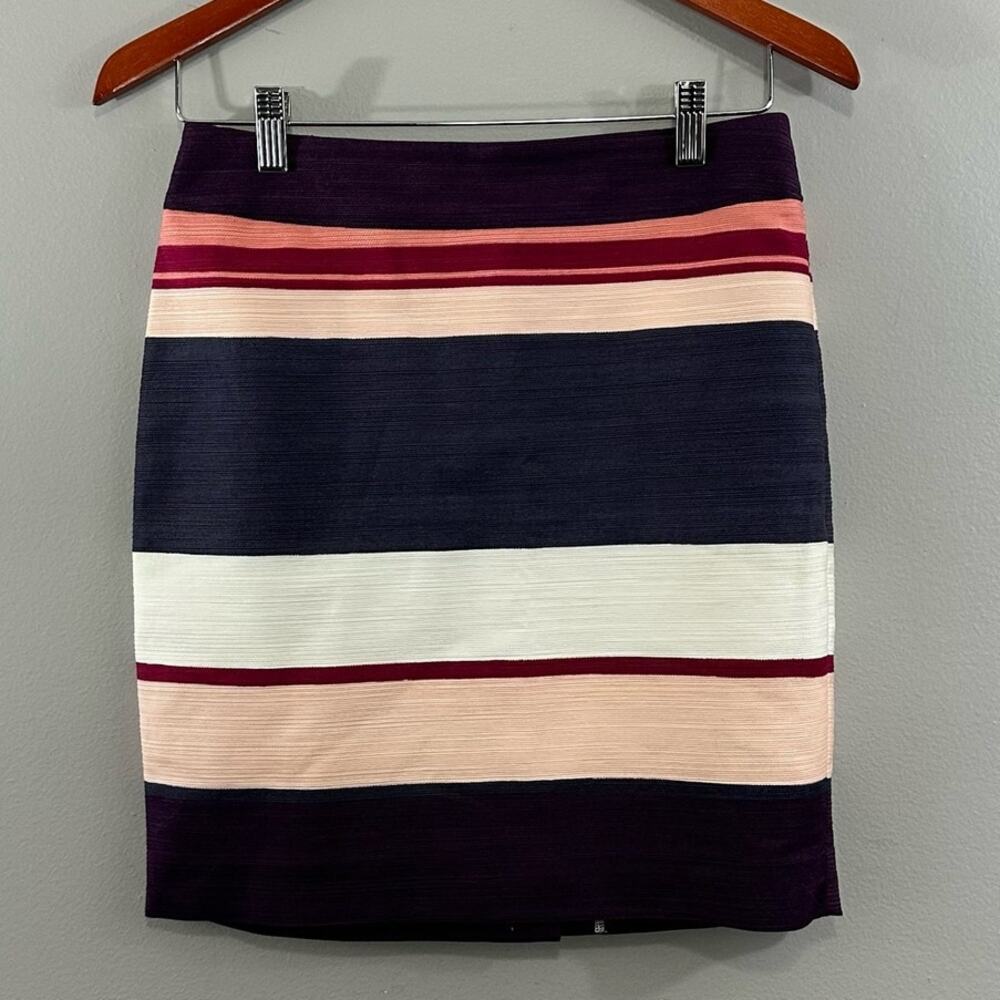 LOFT Purple Pink Striped Cotton Blend Textured Short Pencil Skirt Sz 2 P